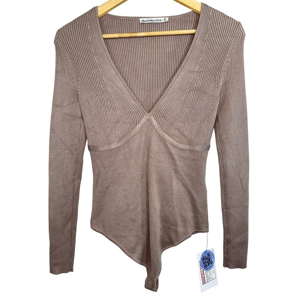 Abercrombie & Fitch Brown Ribbed Knit V-Neck Long Sleeve Bodysuit Womens Size M